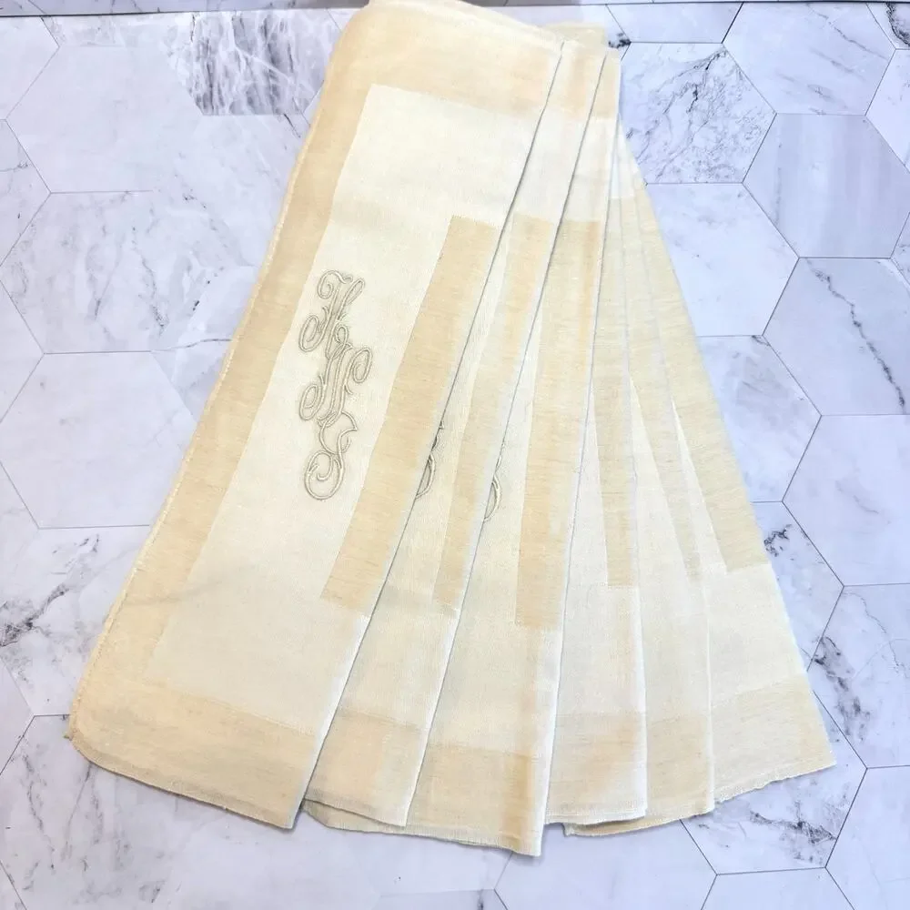 Antique Guest Towels Set 6 Ivory Linen Two Tone Monogram HNJ French 1920s EUC
